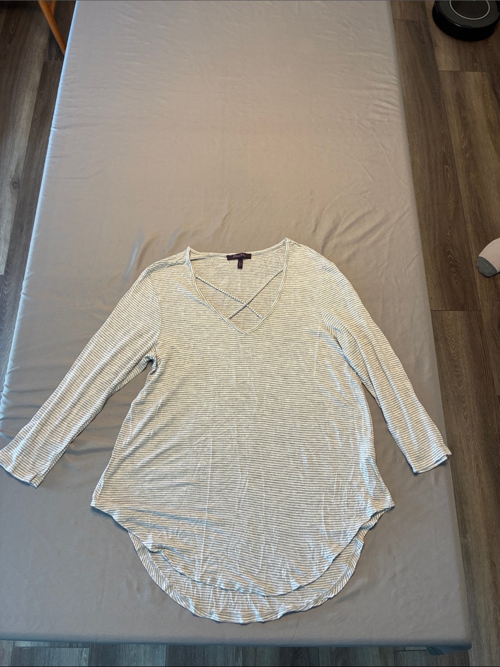 Olivia Sky Gray and White Striped Crisscross V-Neck Long Sleeve Top